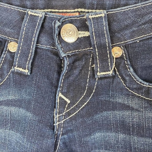 TRUE RELIGION Joey Dark Wash Flare Distressed Back Flap Pockets Jeans, Size 24 - Picture 9 of 12